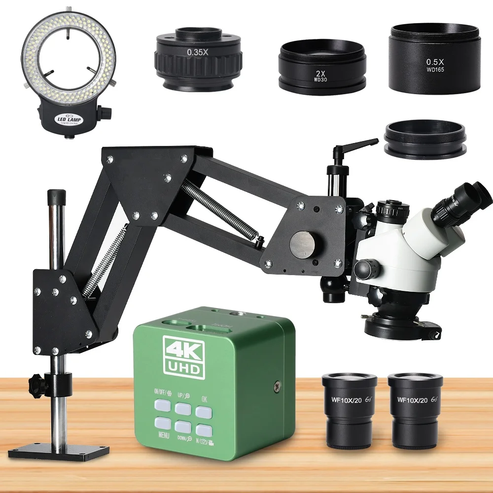 7X-45X Multi-Directional 4K Camera Trinocular Stereo Microscope Jewelry Microscope LED Ring Light Manual Focus External Display