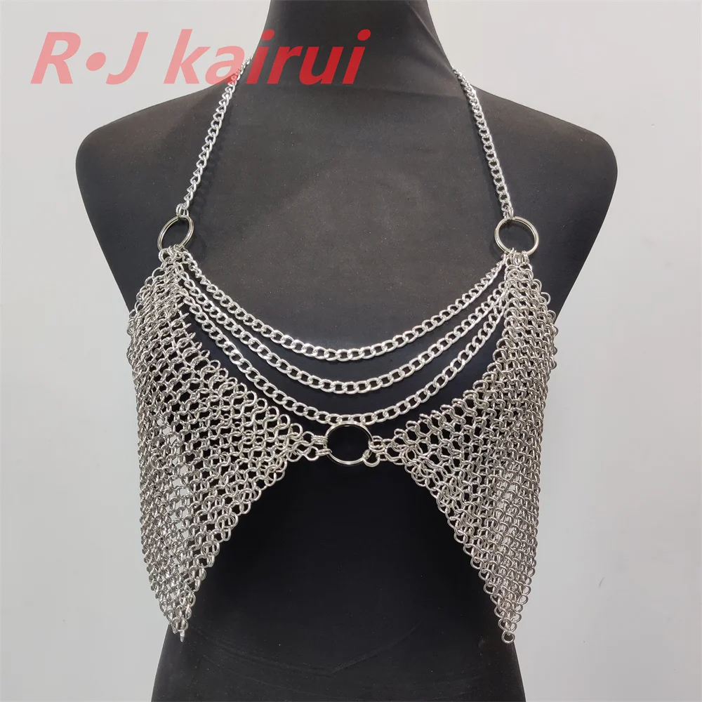 Fashion Handmade Chainmail Necklace Layers Iron Alloy Chains Armor Bra Jewelry Dancing Dress Accessory 2 Colors