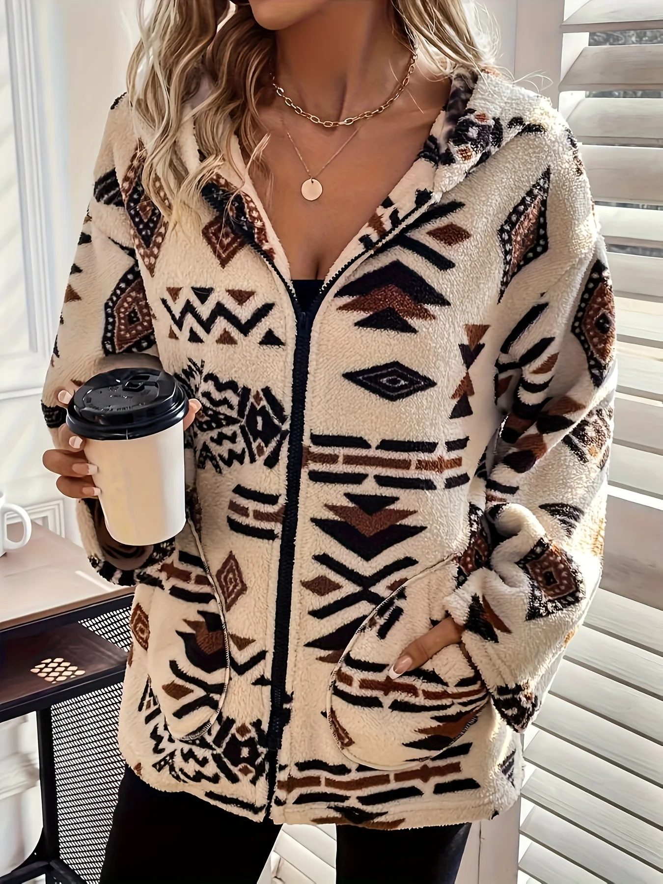 Plus Size Casual Faux Fur Hooded Coat Geometric Aztec Print, Polyester Non-Stretch Fabric, Zipper Detail, Regular Fit With Long