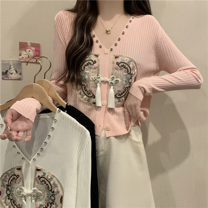 Knitted Cardigan Sweater Women's 2024 Autumn New Chinese Style Clothes Diamond Embroidered Air-conditioning Shirt Sunscreen Top