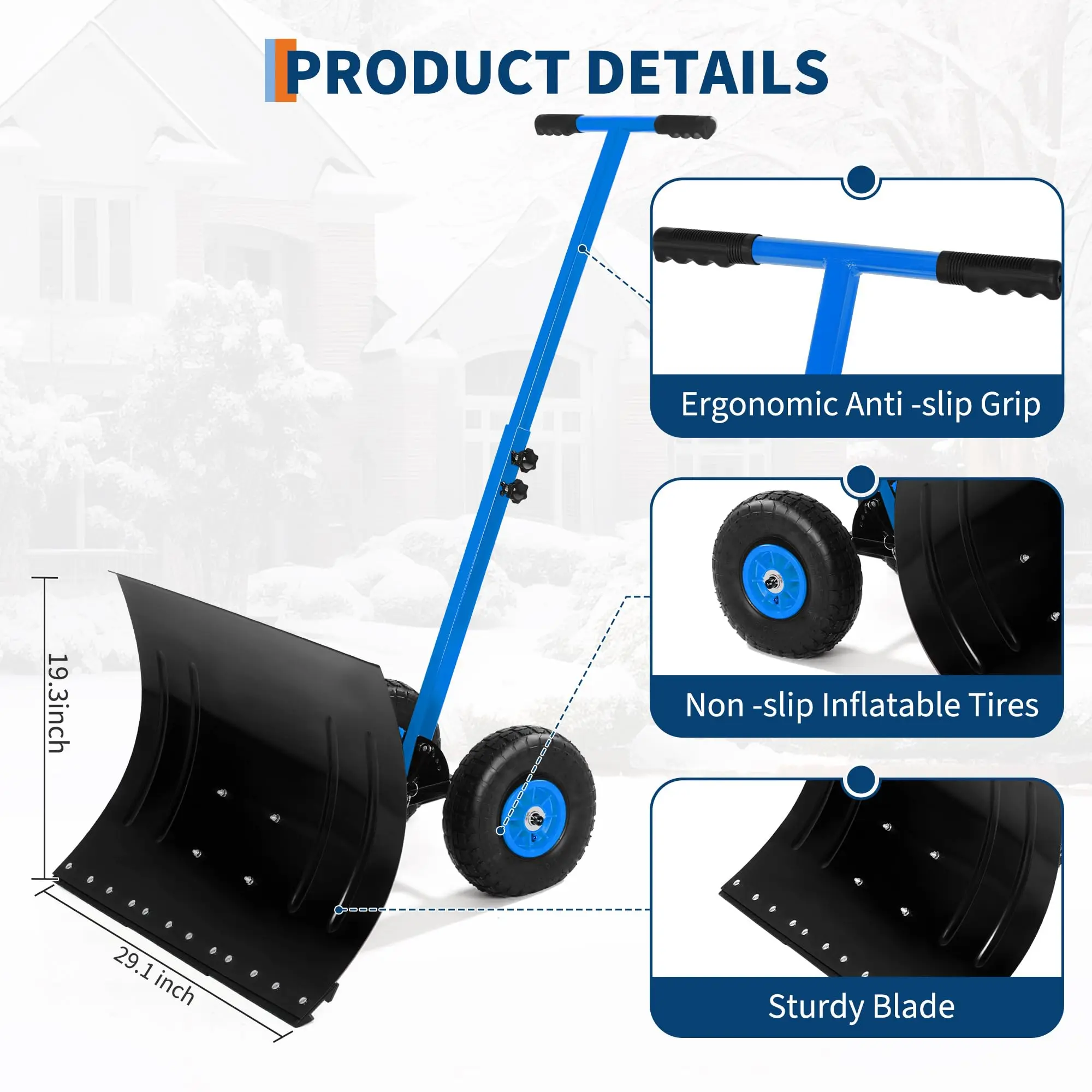 Wheeled Snow Shovel with Adjustable Handle, Carbon Steel Snow Pusher for Driveway, 19.3 in Blade, Blue