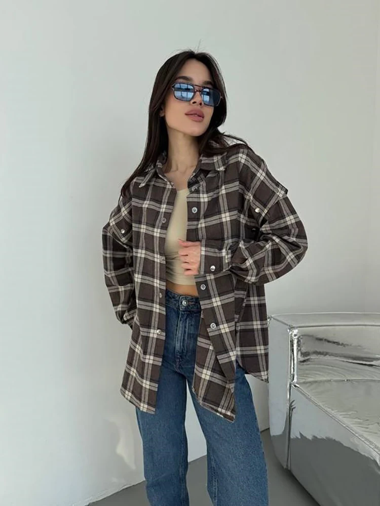 Trendy Lapel Collar Plaid Oversized Shirt Detachable Button Cut Out Long Sleeve Loose Blouse Women Casual Daily Streetwear Tops