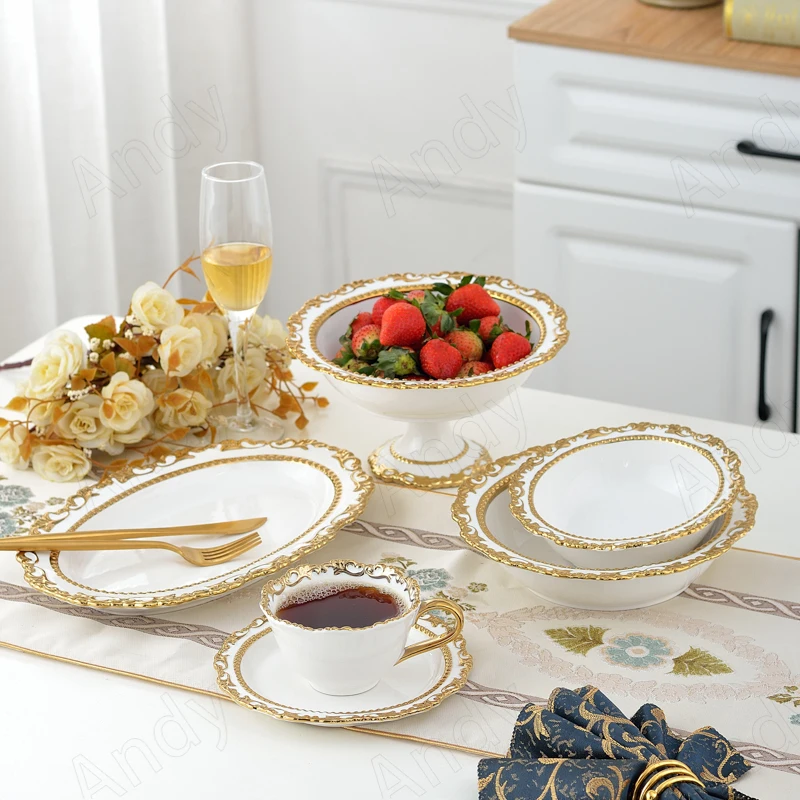 Gold Stroked Ceramic Plate Set Baroque Relief Desktop Dinner Set Plates and Dishes Western Restaurant Steak Dish Kitchen Cutlery