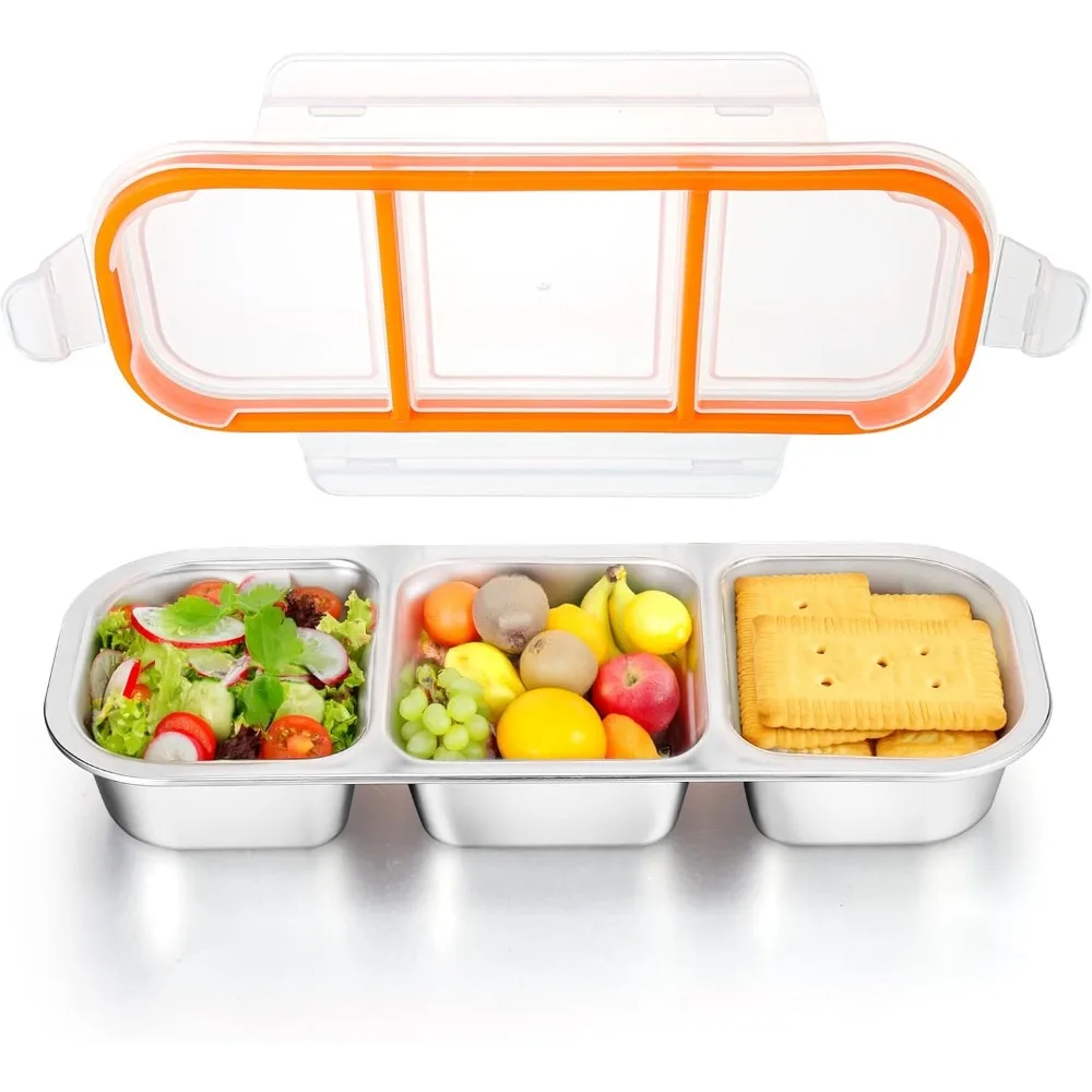 

Snack box container made of stainless steel, reusable with lid snack container, 3-bedroom partitioned food storage container
