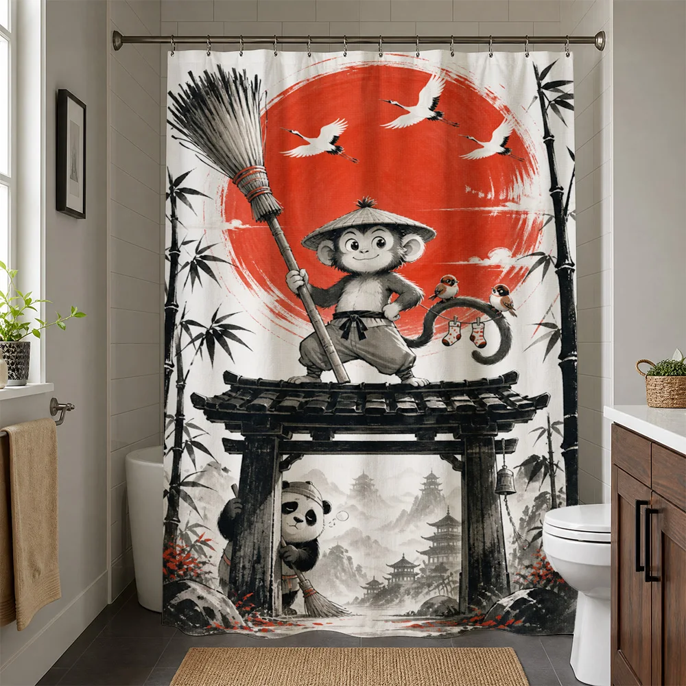 Waterproof Asian Panda Monkey Shower Curtain Bamboo Decor Oriental Bathroom Wallpaper Home Accent Tropical Decor