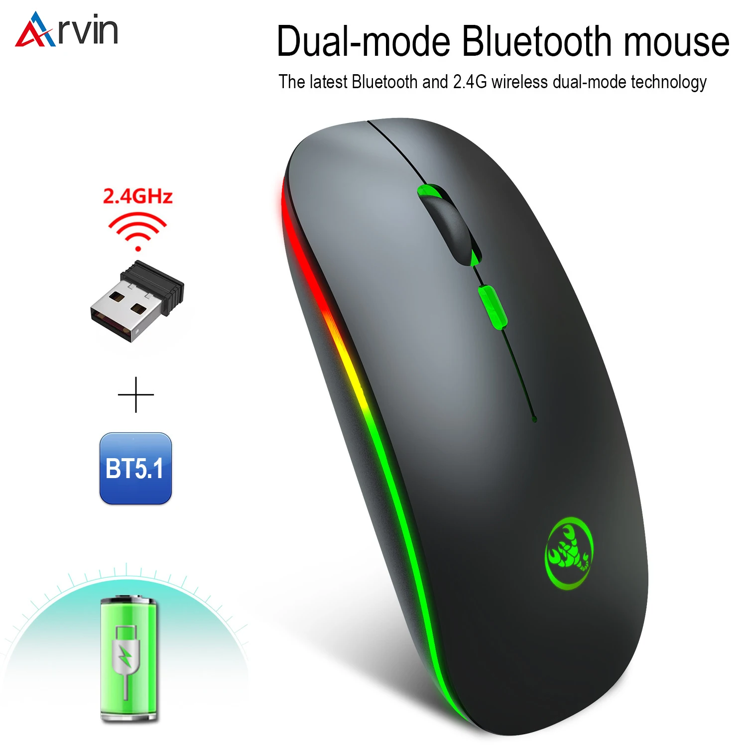 

Arvin wireless Mouse Bluetooth UsB Receiver Mouse Rechargeable RGB LED Wireless Silent Mice For Laptop Pc ipad Computer