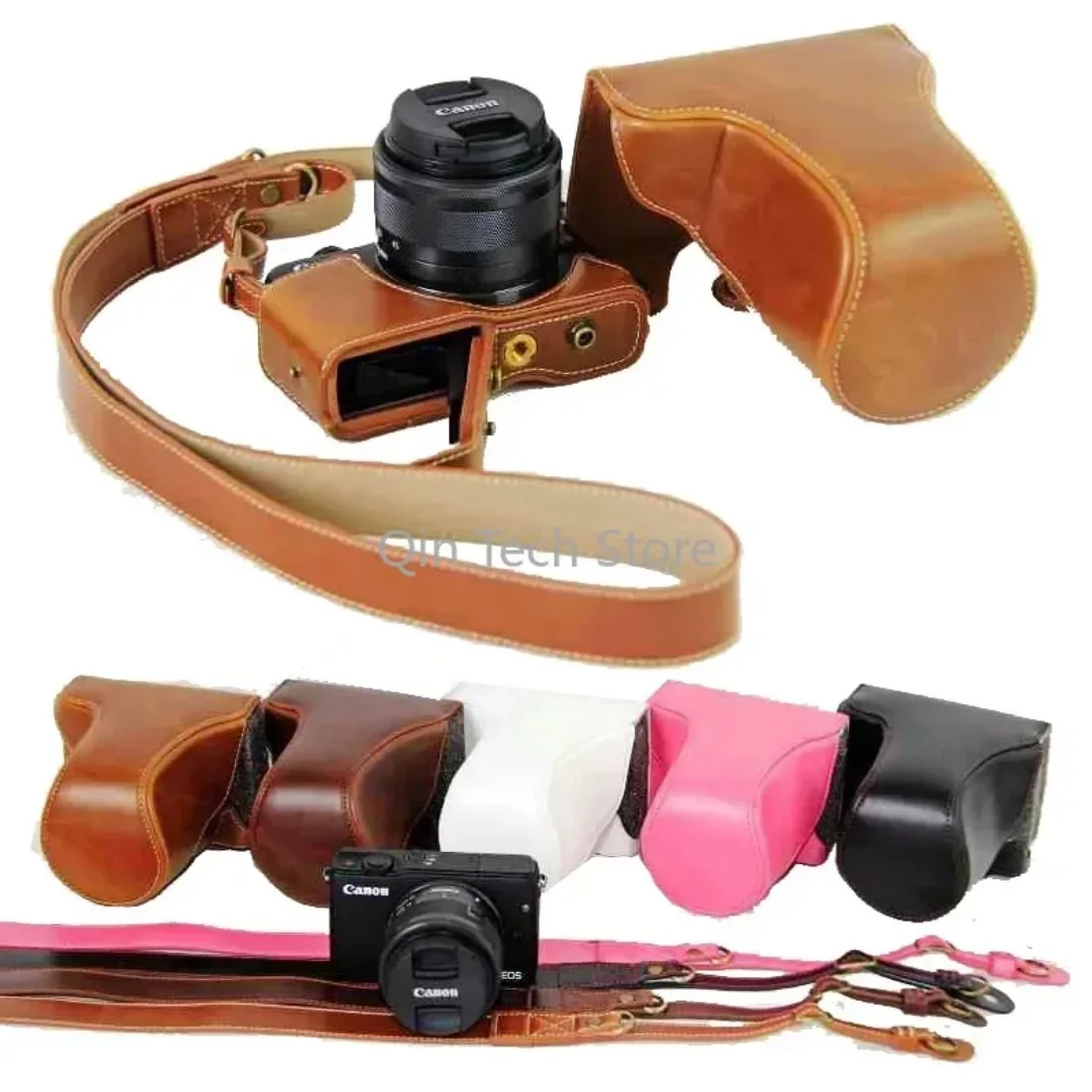 حقيبة كاميرا فاخرة جديدة لكانون EOS M EOSM EOS M2 EOSM-2 PU حقيبة كاميرا جلدية مع حزام تصميم البطارية المفتوحة