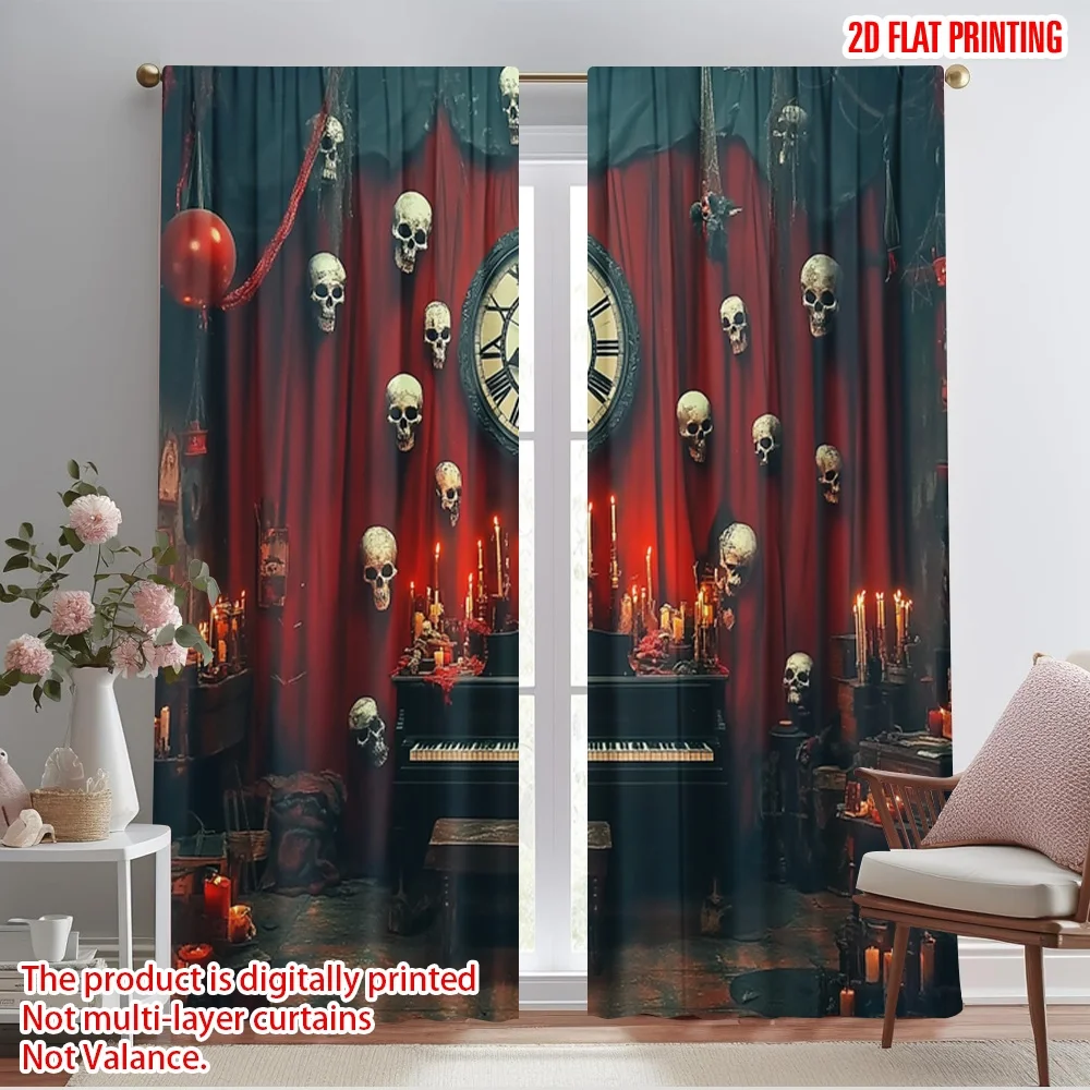 

2pcs 2D flat printing Halloween Party Curtain Skull_ clock_ Polyester Without Electricity Spring Party & Holiday Decor for