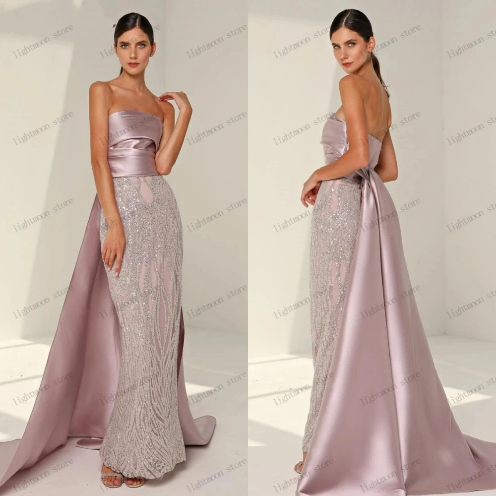 

Classic Evening Dresses Strapless Prom Dress Floor Length Ball Gowns Lace Appliques Satin Train Robes Elegant Vestidos De Gala