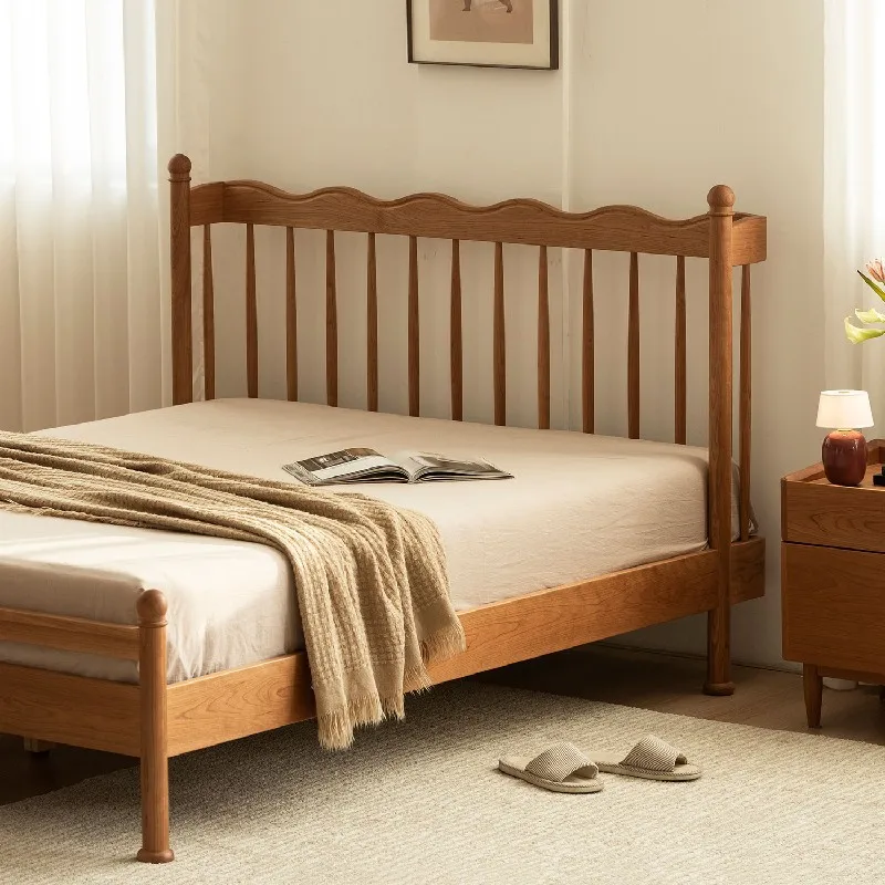 Nordic solid wood Windsor bed Japanese retro cherry wood log double bed all solid wood technology leather soft bag bed