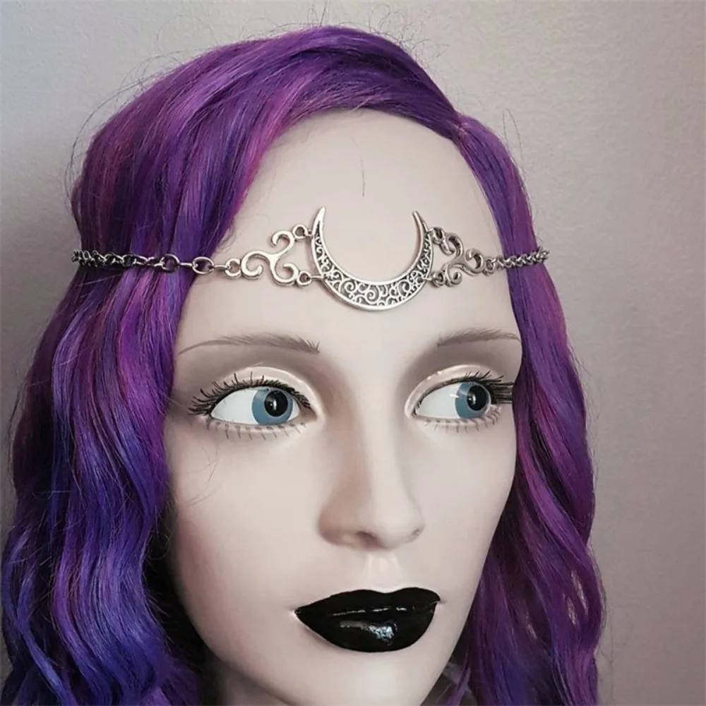 Gothic Infidels Geometric Hollowed-out Crescent Moon Head Chain for Women Hallowmas Party Forehead Hair Jewelry Accessories Gift