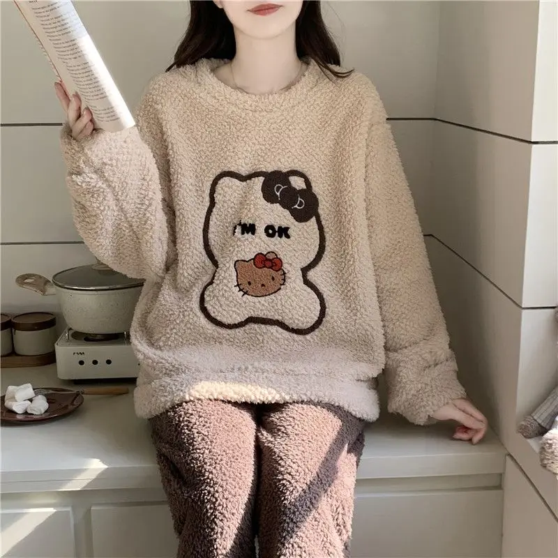 

Hello Kitty Polar Fleece Two Piece Set Women Pullover Lounge Wear Winter Home Outfit Cozy Loungewear Versatile Wear