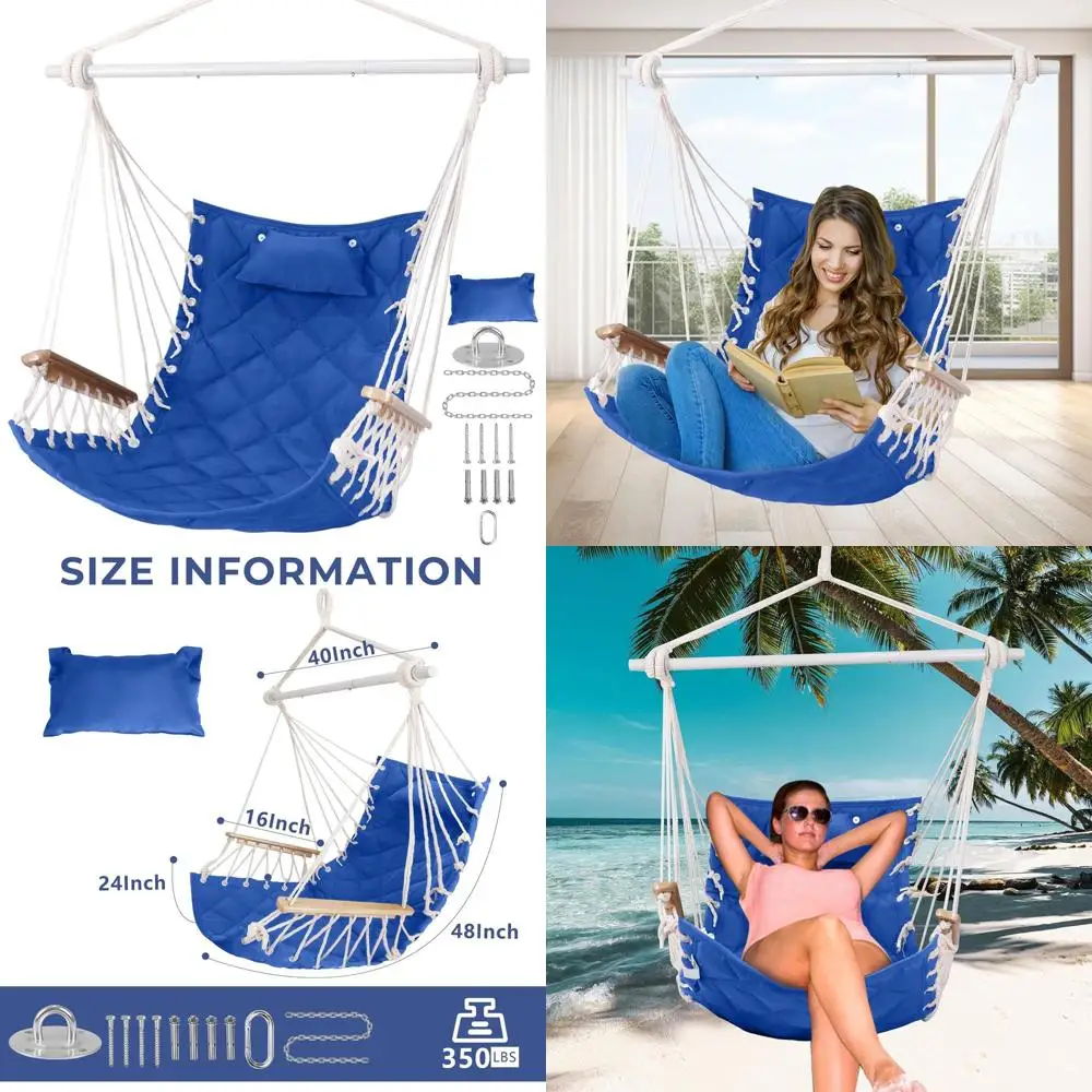 

Indoor/Outdoor Cotton Hammock Swing Chair with Wood Armrests, Steel Bar, Pillows, and Hardware - Supports Up to 350 lbs, Blue