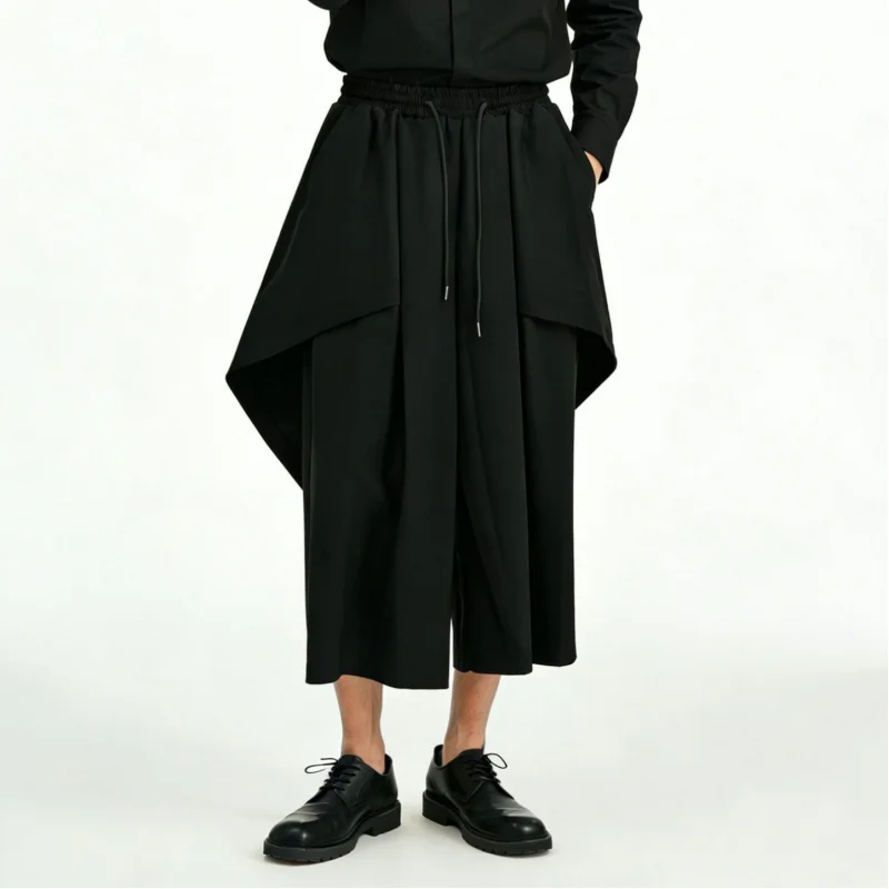 Men's Casual Pants, Faux Two-Piece Irregular Skirt-Pants, Loose High-Waisted Nine-Point Wide-Leg Pants 23710