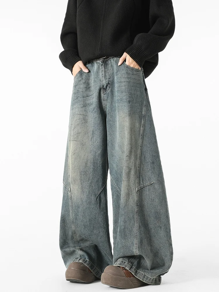 

Wukong Has Goods Trendy American Deconstructed Wide Leg Waed Jeans Men's Retro Loose Faionable Floor-Length Pants