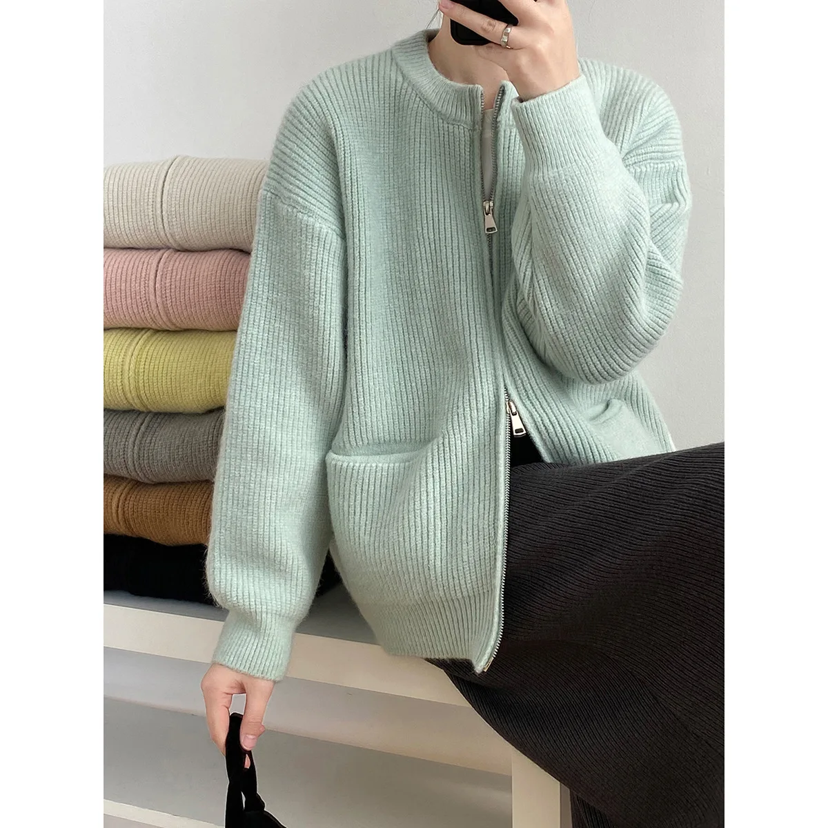 Womenclothing 2023 New Spring Autumn Zipper Knitted Cardigan Sweater Solid Color Pit Strip Soft Temperament Casual Women Coat