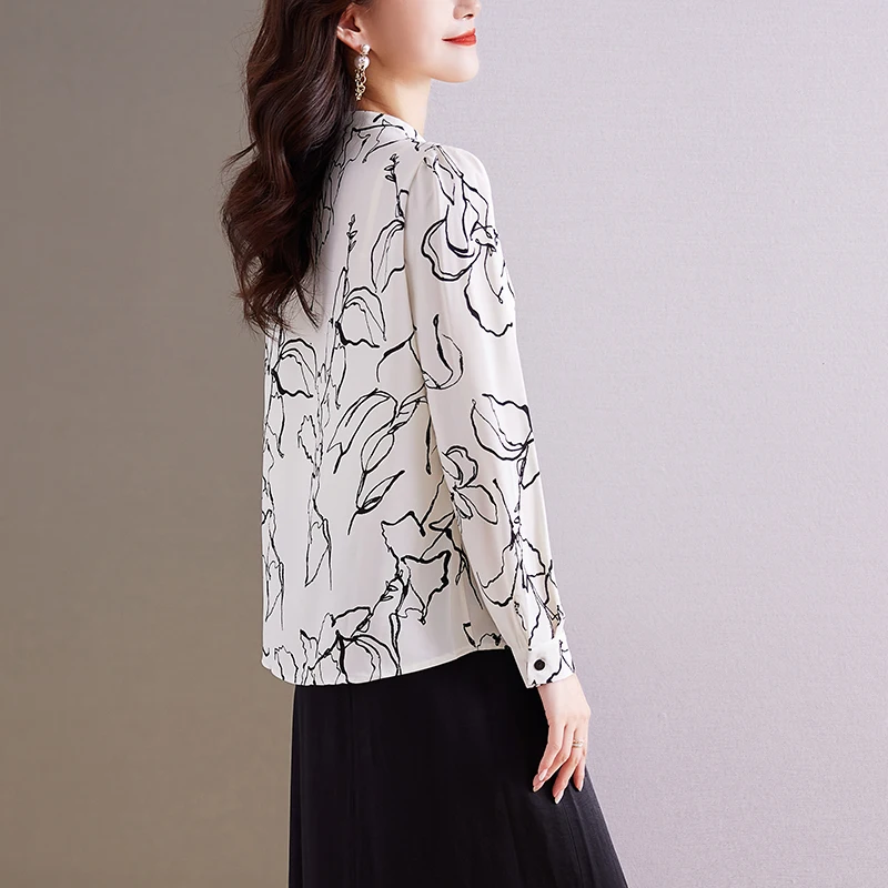 Women Korean Fashion Abstract Graffiti Print Chic Shirts Office Lady Elegant Commute Blouse Casual V Neck Long Sleeve Loose Tops