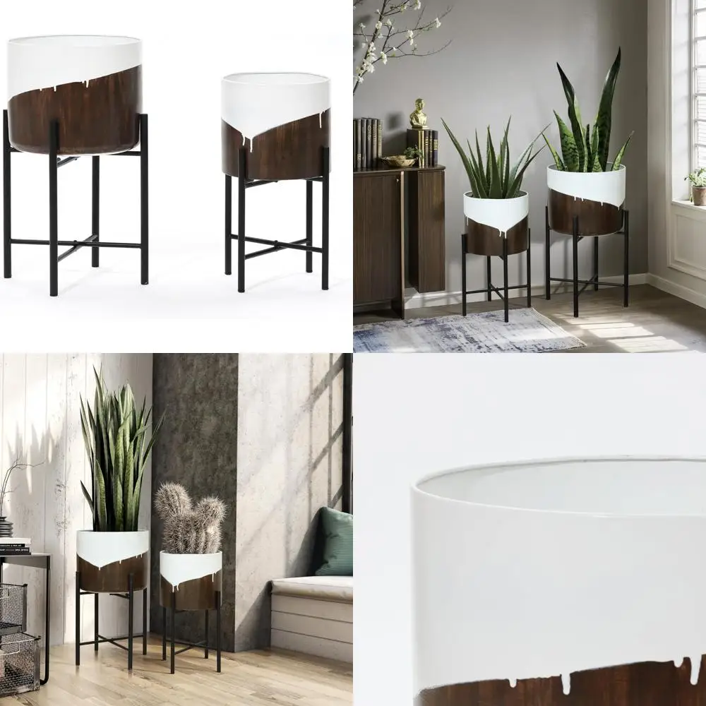 

Large Indoor Planters Set, 2 White and Brown Pots with Black Metal Stand, Modern Design for Home Decor, Suitable for Flower Arra