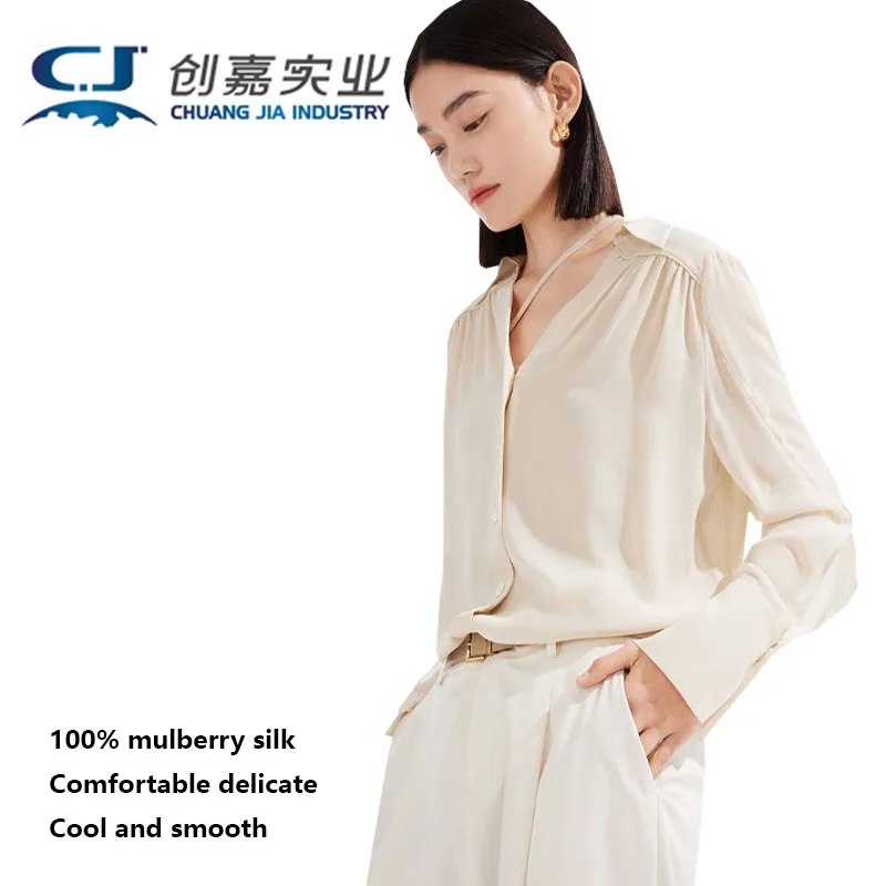 

100% Silk Women's Spring Summer Long Sleeve Shirt Mulberry Silk White V-neck Pleated Top Urban Fashion Soft and Delicate