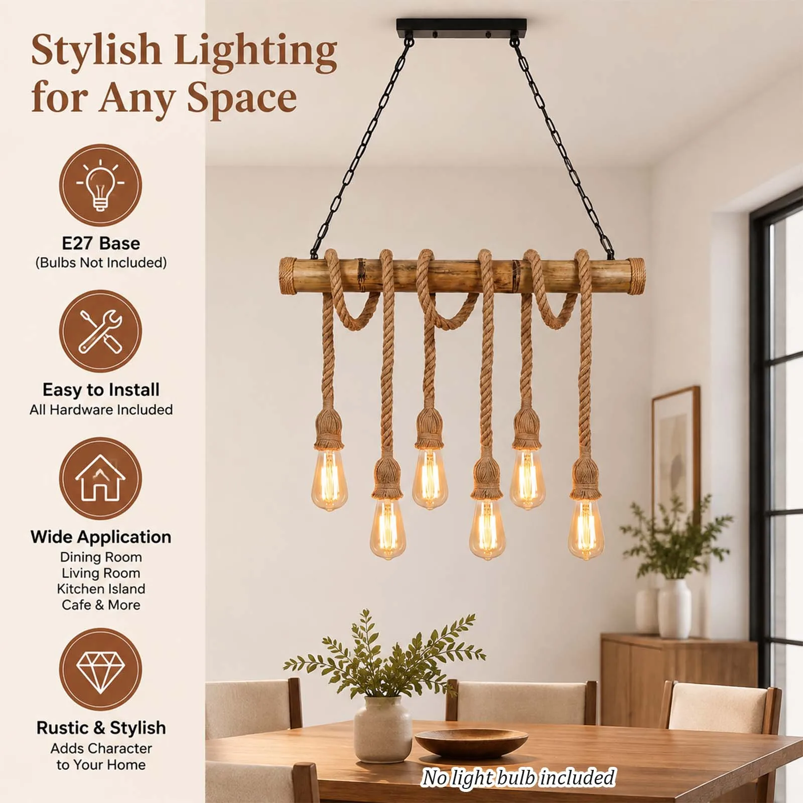 Pendant Light, 6 Head Bamboo Hemp Rope, Bohemian Rustic, E27 Kitchen Island
