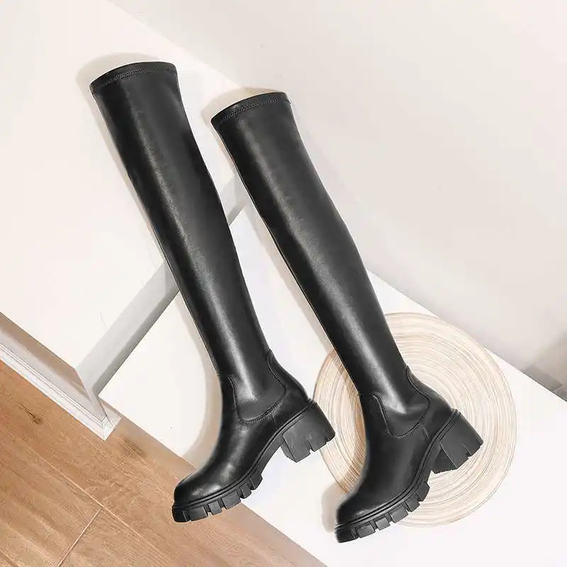 Krazing Pot Big Size Cow Leather Stretch Over-the-knee Boots Platform Round Toe High Heels Winter Women Warm Thigh High Boots