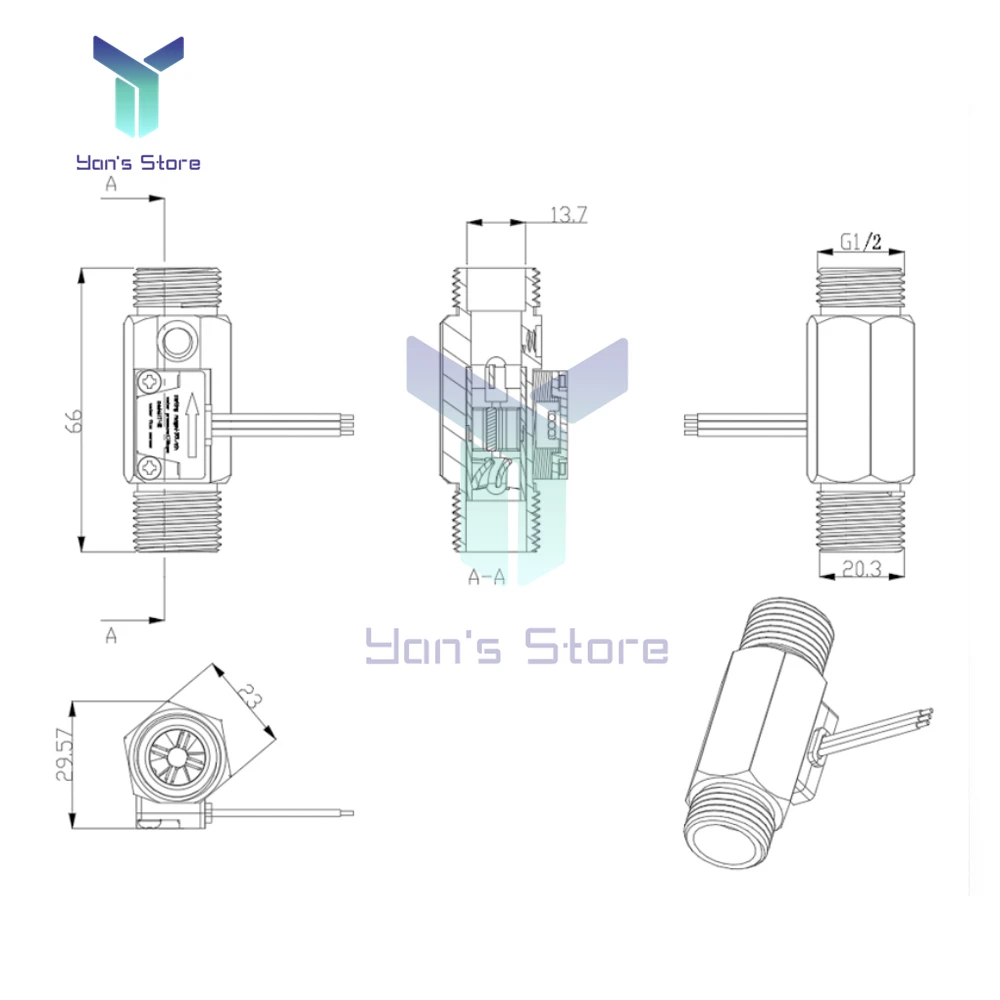 G1/2 Water Flow Sensor 4 Points Copper Flowmeter Switch Water Sensor Copper Shell Hall Flow Meter Temperature detection YF-B7