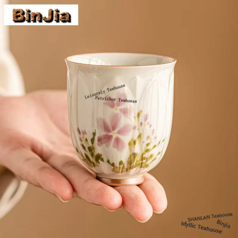 90ml Hand Drawn Daisy Ceramic Tea Cup Petal Embossed Petal Master Cup Personal Smelling Fragrant Mug Kung Fu Teaset Drinkware