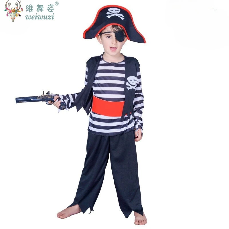 

Pirate Character Captain Jack Sparrow Children Boy Prim Plays Black And White Stripe Halloween Stage Performance Fancy Costume