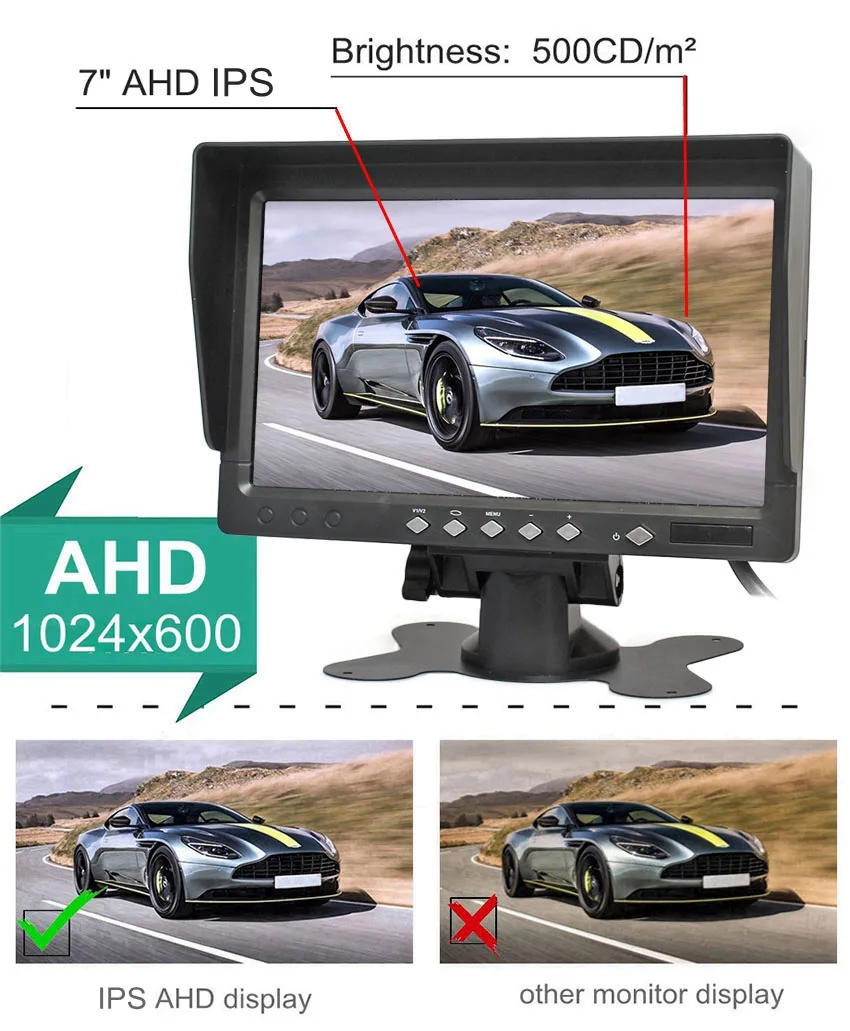 DIYKIT 7inch AHD IPS LCD Car Monitor Rear View Monitor Max Support 1080P AHD Camera with Sun Hood Visor