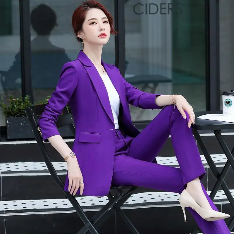 Imagem -04 - Conjunto Comprido de Blazer e Calças para Mulheres Terno de Duas Peças com Cinto Cabolsa e Faixas Pretas para Escritório e Negócios Roxo 3xl 4xl Outono