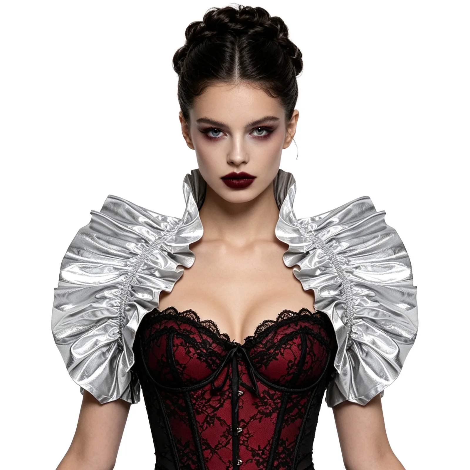 Women Halloween Cosplay Witch Costume Shrug Shoulder Wrap Gothic Renaissance High Neck Metallic Shiny Ruffle Bolero Frill Shawl