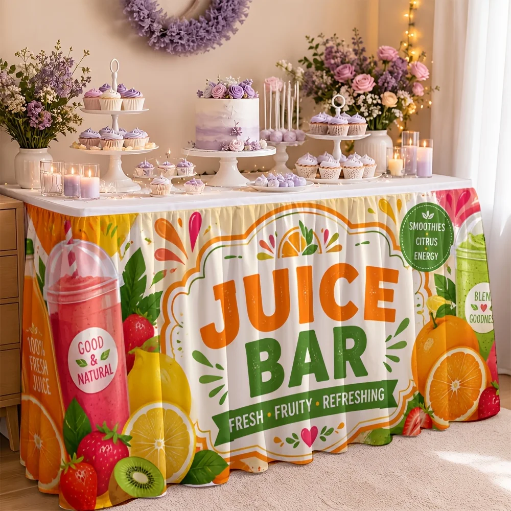 1 table towel, table skirt with juice strip print, fresh fruit theme, i.e. and a bottle of juice, orange leaf sprinkle pattern