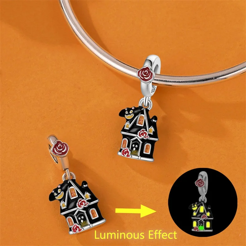 S925 Silver Gothic Spooky Halloween Haunted House Witch Hat Pumpkin Clown Skeleton 3D Charm Gem DIY Bracelet Party Gift Jewelry