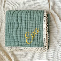 Personalized Blanket Customize Name 6 Layers Muslin Swaddle Wrap Cotton Baby Blankets Lace Receiving Blanket Newborn Bath Towel