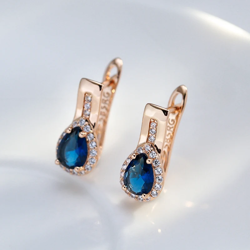 Wbmqda New 585 Rose Gold Color Drop Shape Blue Natural Zircon Earrings For Women Luxury Trendy Jewelry 2023 Hot Accessories