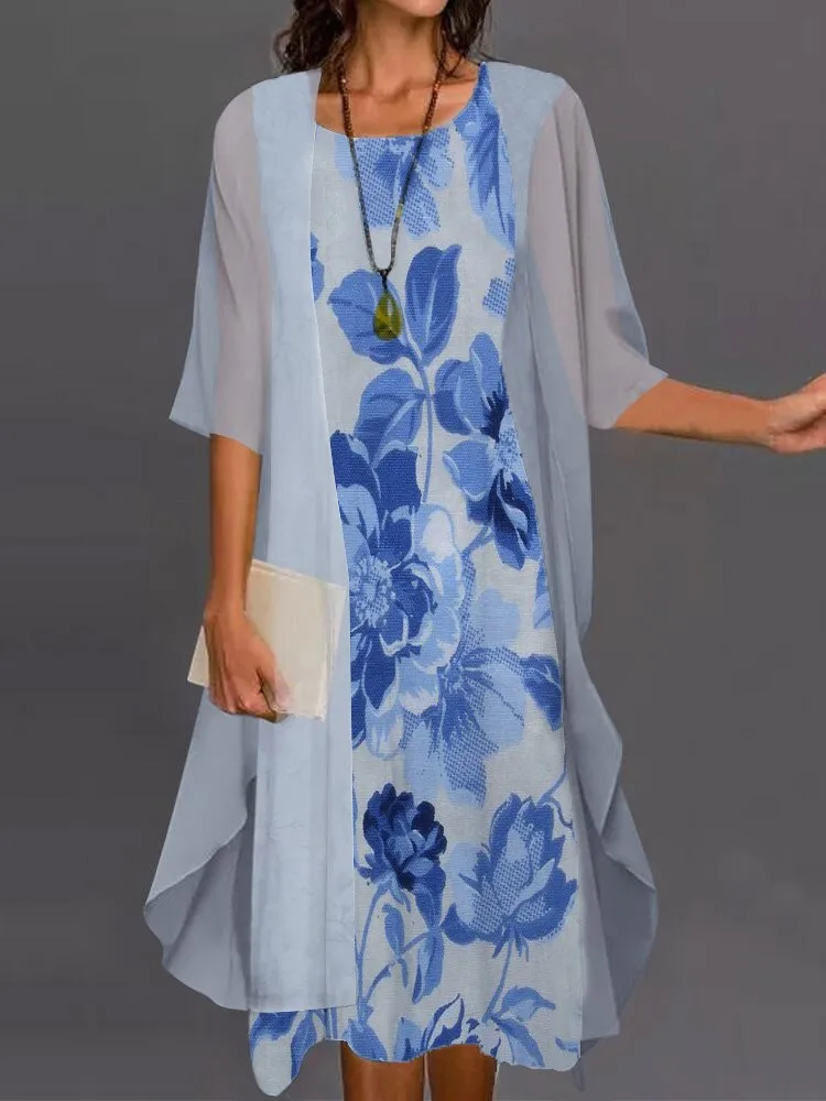 

Women Summer Elegant Dresses Two-piece Set Fashion Floral Printed Dress Casual Long Cardigan Coat Sun Protection Shirt Vestidos