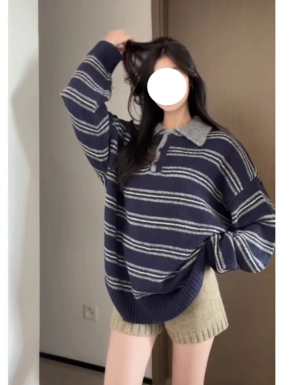 Retro American Striped  Ne Sweater Women's Loose Fit Autumn Winter Outerwear Lazy Sle Knitted Slimming Top
