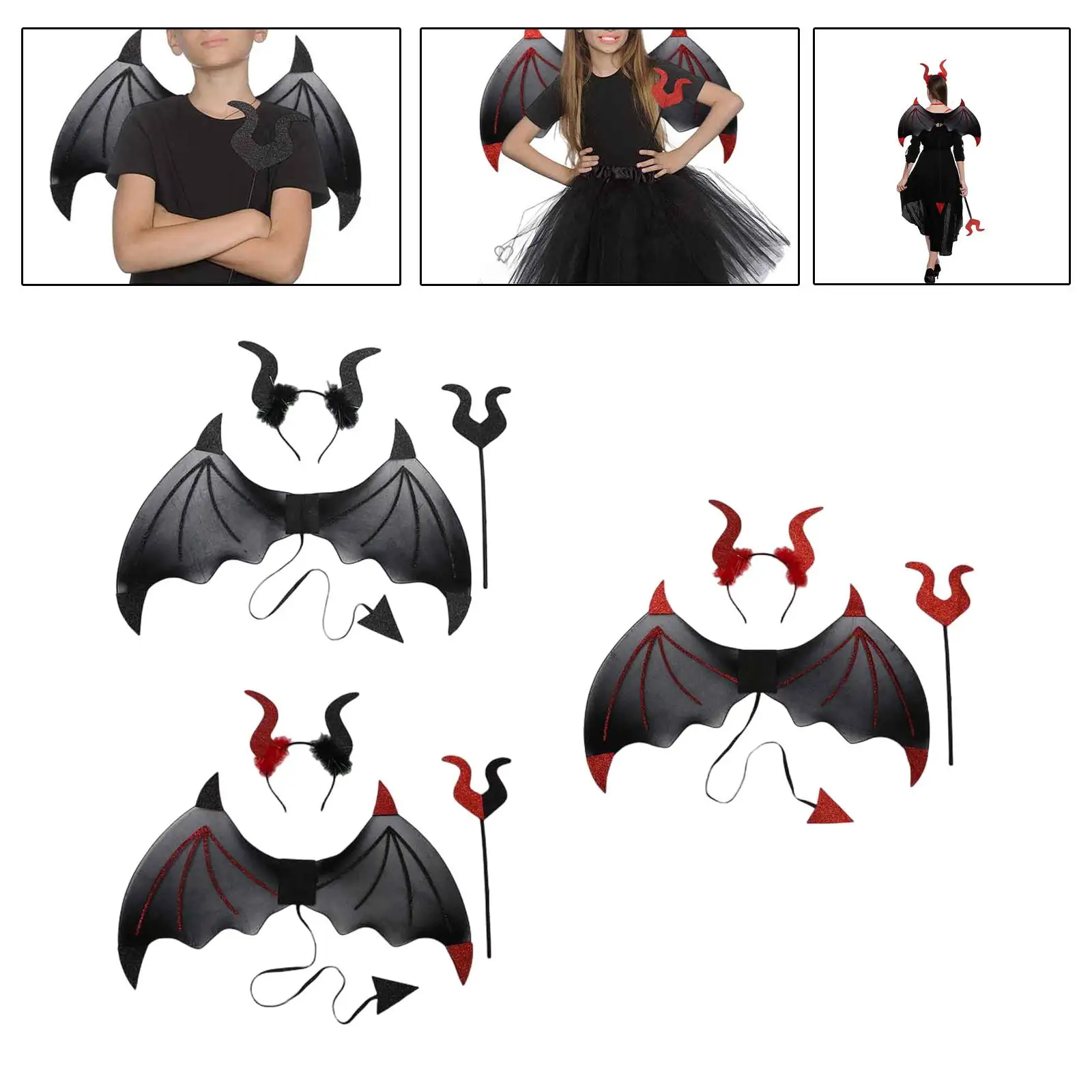 Halloween Costume Set with Fork Horns Men Women Wing Costume