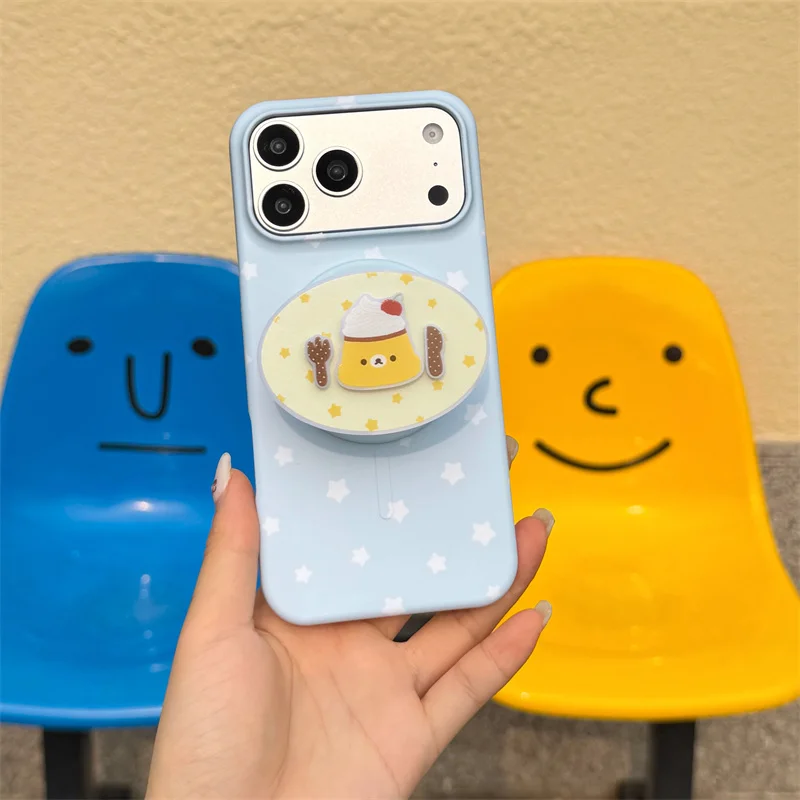 Kawaii Light Blue Star Print For MagSafe Phone Case For iPhone 15 16 17 Pro Max With Cute Character Stand Shockproof Cover