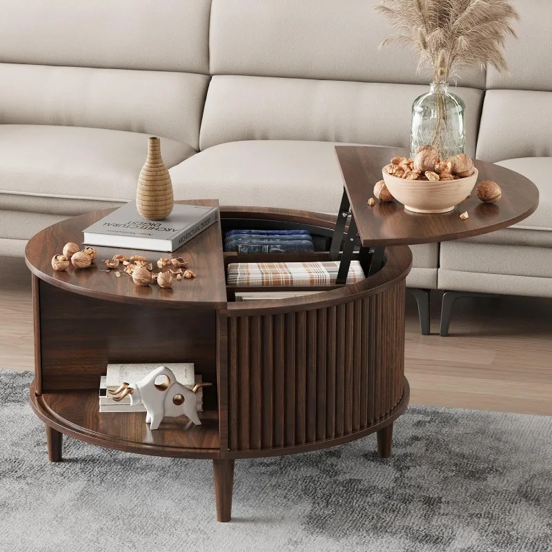 

JC desktop lift round coffee table groove shape coffee table with hidden sliding compartment