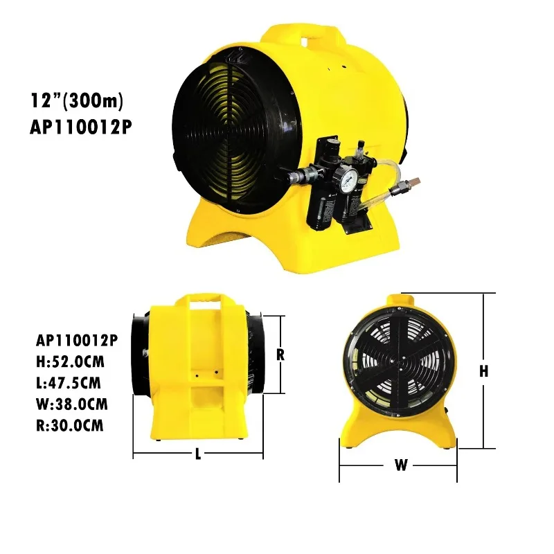 LRT 12inch 300mm  Pneumatic air Motor  Plastic Axial Typhoon Blower Portable Fan air Mover for Industry With Duct Hose