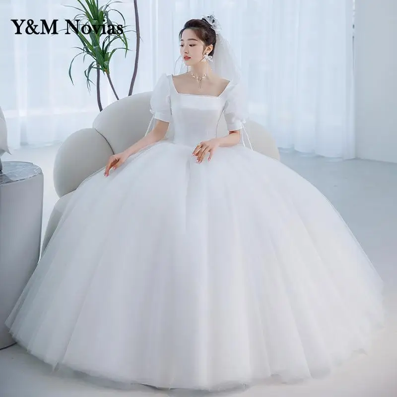 

Y&m Novias Ivory French Light Satin Wedding Dress Plus Size Robe De Mariage 2022 New Vestido De Noiva Scoop Wtih Sleeve Tull