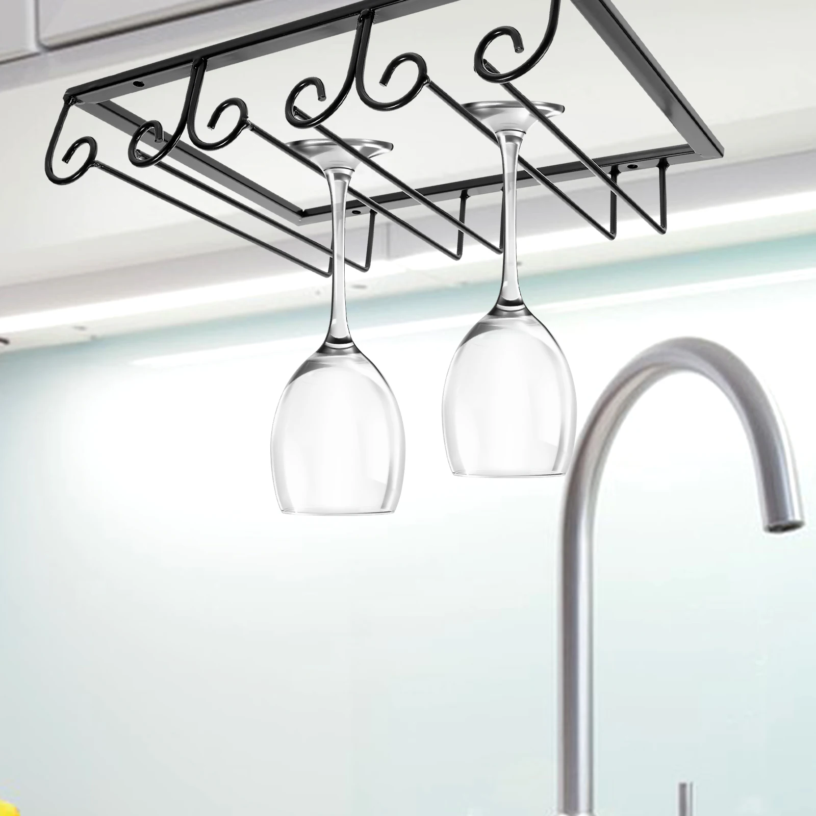

Wine Glass Rack Iron Sturdy Under Cabinet Organizer Bar Kitchen Hanging Glass Holder Space Efficient Bar Glasses Organizer