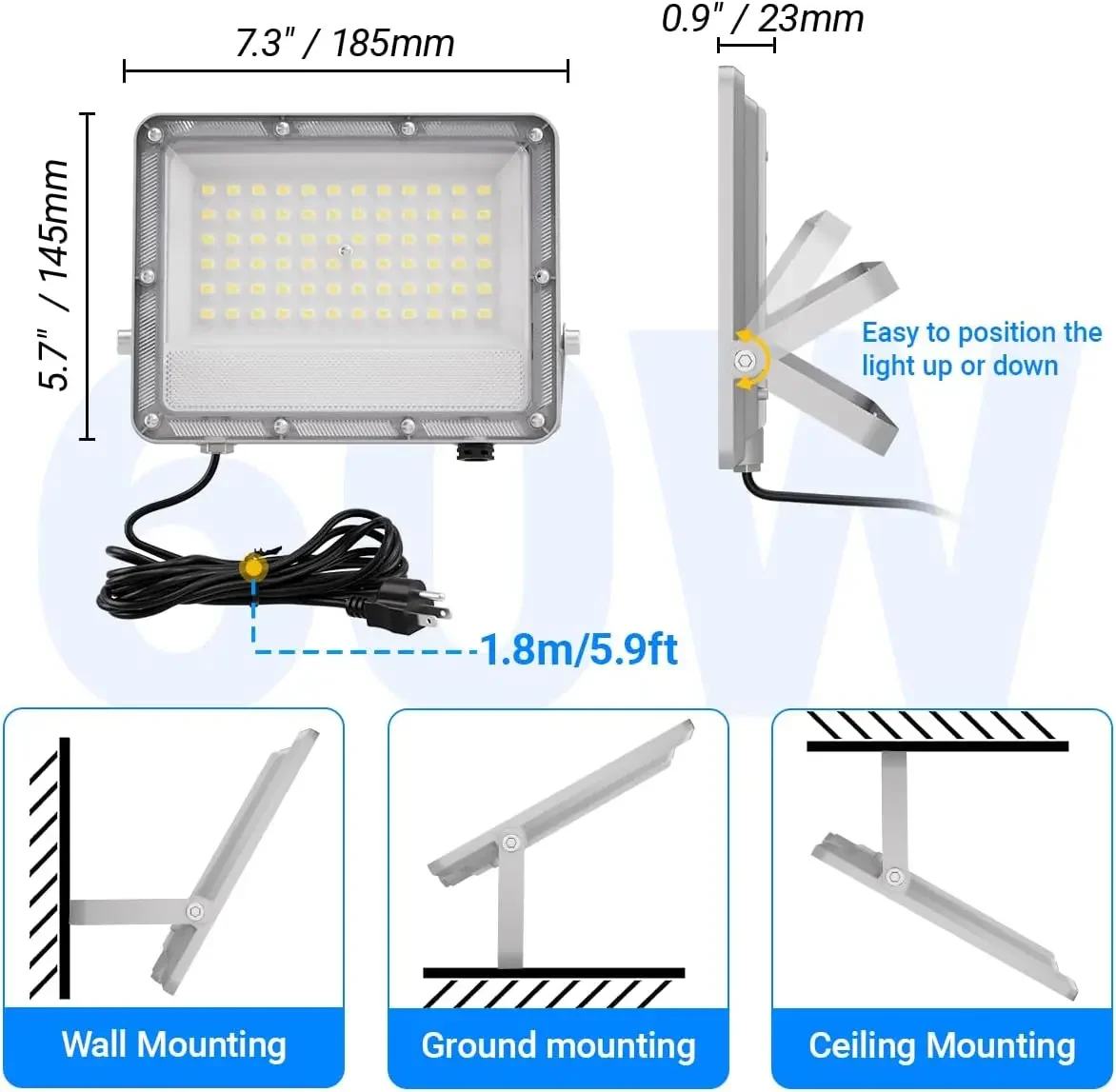 100W200W Plug in LED Flood Lights Outdoor, Bright LED Work Light with Plug, IP65 Waterproof 6000K Flood Lighting for Backyard