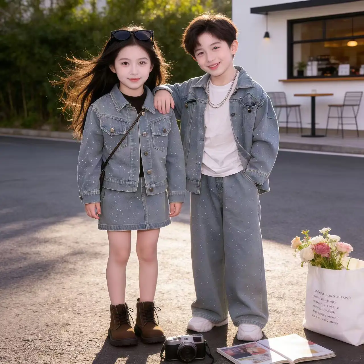 teenager boy girl shining clothes outfits jeanswear denim jacket wide leg jeans 2pcs junior kid set vetement enfant fille suit