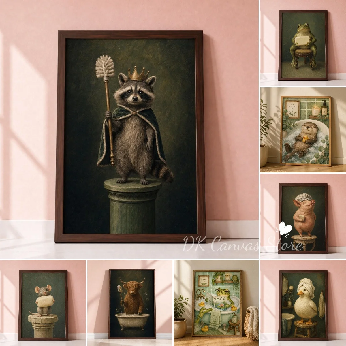Whimsical Raccoon Bathroom Canvas Prints Poster Funny Quirky Cute Animal Toilet Art Prints Restroom Wall Art Home Decor Poster