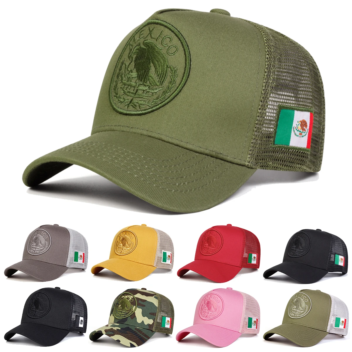 Unisex Mexican Flag Embroidery Baseball Net Caps Adjustable Casual Hats Spring and Summer Outdoor Sunscreen Hat