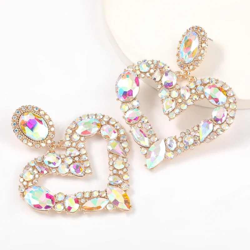 Trend Multi-color Big Rhinestone Women's Falling Love Heart-shaped Women's Earrings Dinner Party Fashion Jewelry Accessories