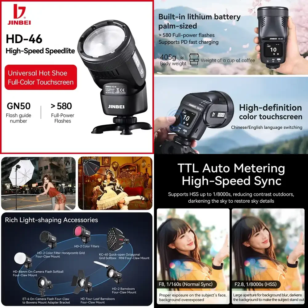 Flash LED Sem Fio JINBEI HD-46 Portátil para Câmera, Iluminação Fotográfica Externa com Modo de Flash HSS TTL, Uma Luz