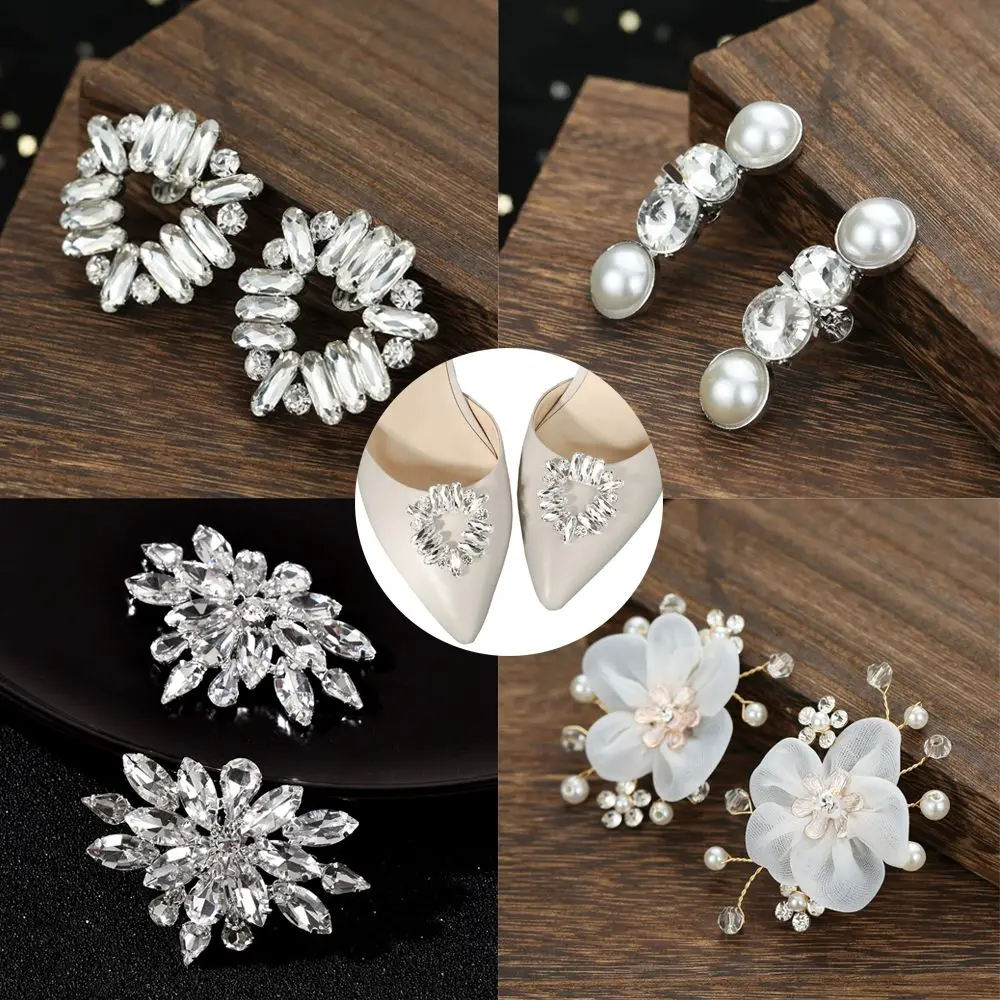 

2PCS Shoe Accessories Shiny Decorative Clips Brooch Rhinestone Shoe Clip Shoe Decorations Charm Buckle Silk Flower